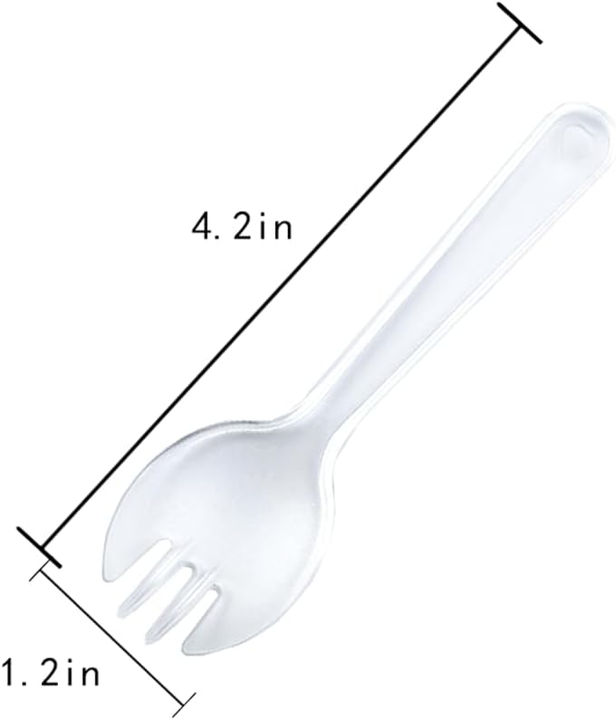 EYAKEG 4.2"" Mini Disposable Sporks 50Pcs, Plastic Spork 2-in-1 Utensils, Individual Package Per (Clear) - Image 2